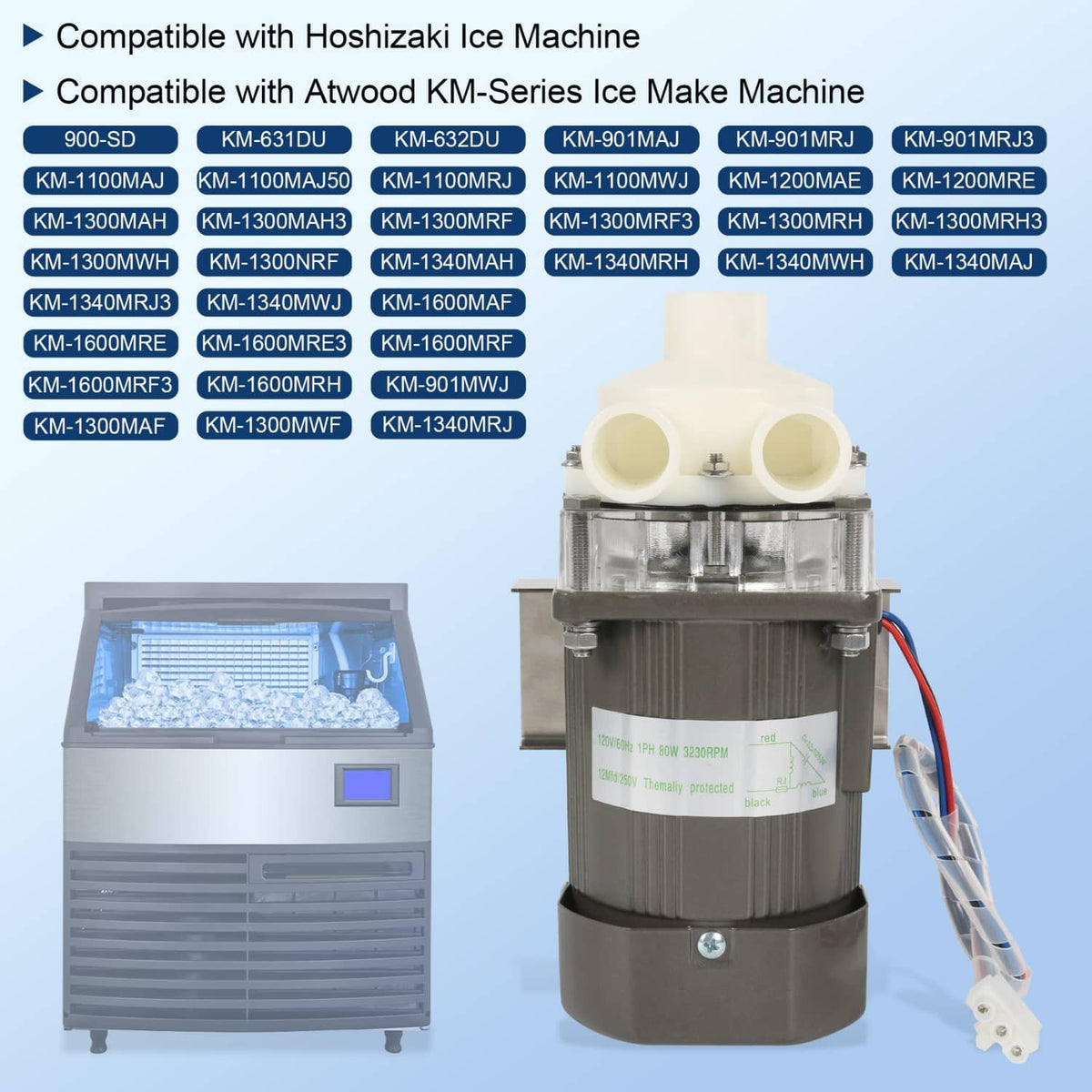 Ice machine water pump motor assembly with white impeller housing and metal mounting base