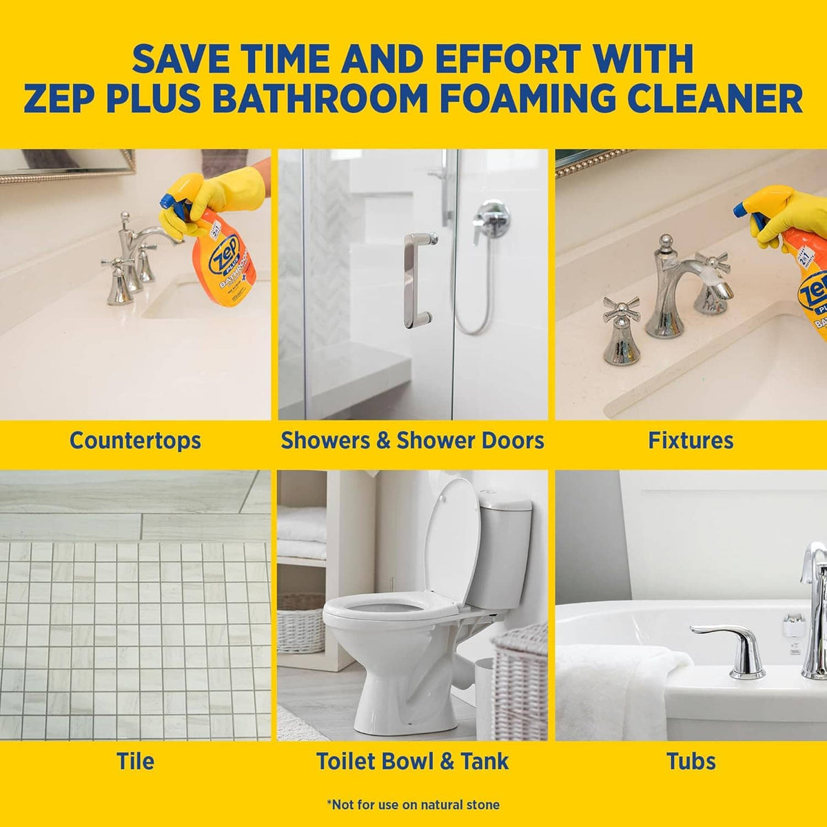 Zep Plus Bathroom foaming cleaner bottle with usage icons for countertops, showers, fixtures