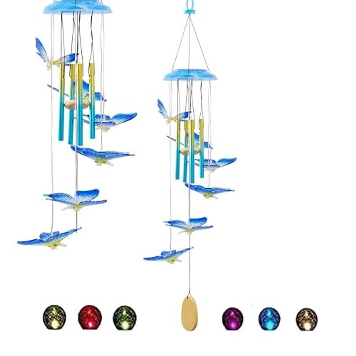 Solar wind chime set with blue butterfly ornaments, light dome, and hanging metal tubes