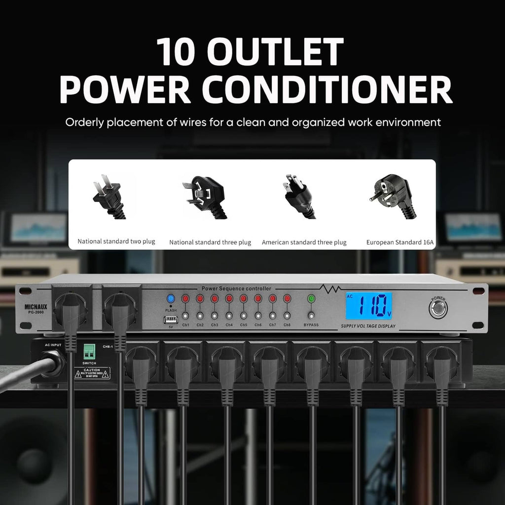 10-outlet rack power conditioner with front voltage display and power sequencing lights