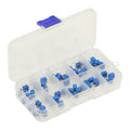 Potentiometer trimmer assortment in clear plastic organizer with blue 3-pin units and divider slots