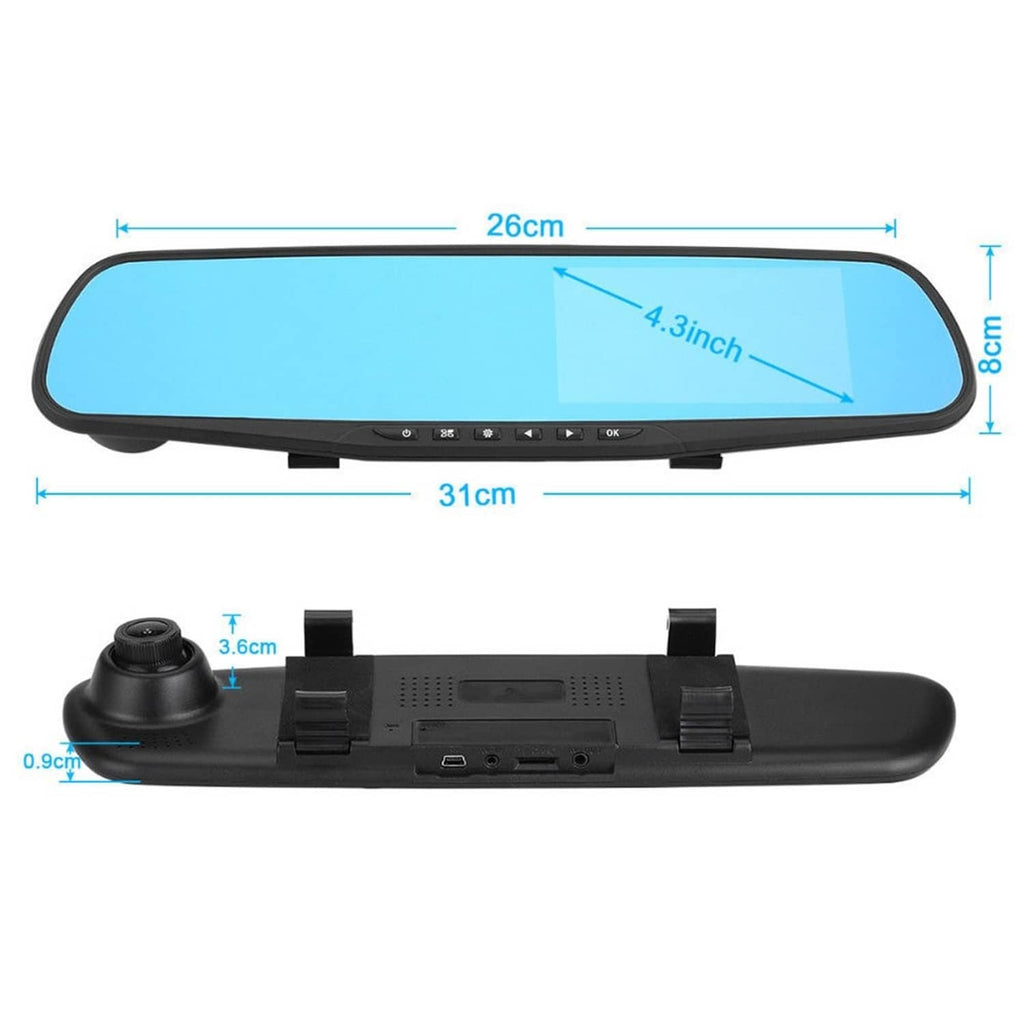 Black rearview mirror dash cam with backup camera and size markings, 31cm x 8cm