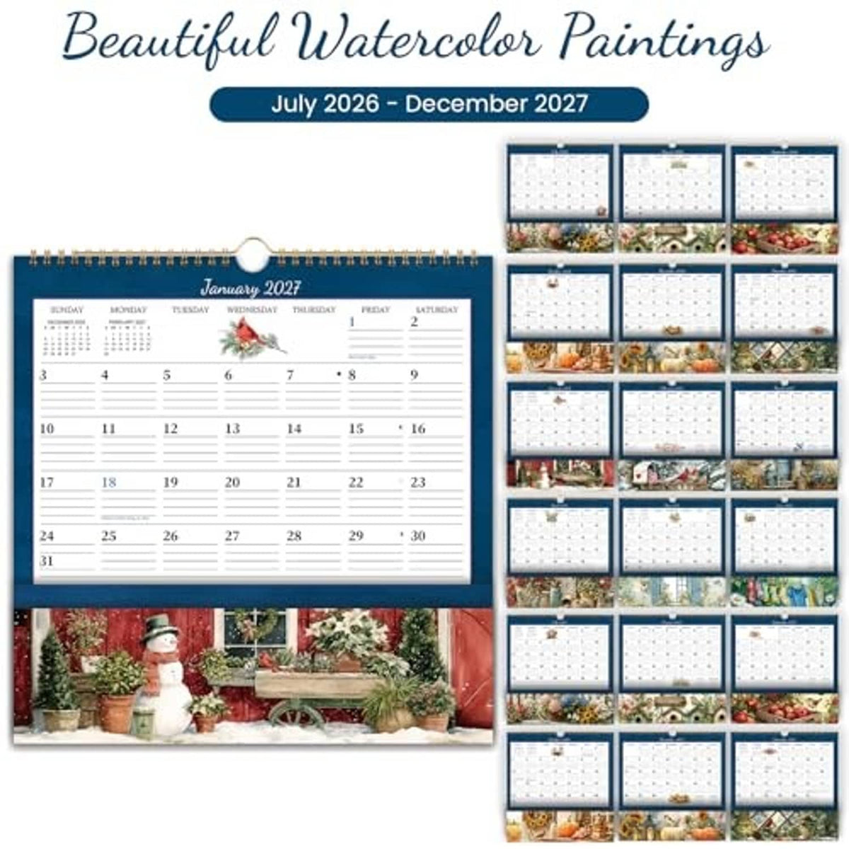 Wall calendar with pocket titled Beautiful Watercolor Paintings, July 2026–Dec 2027