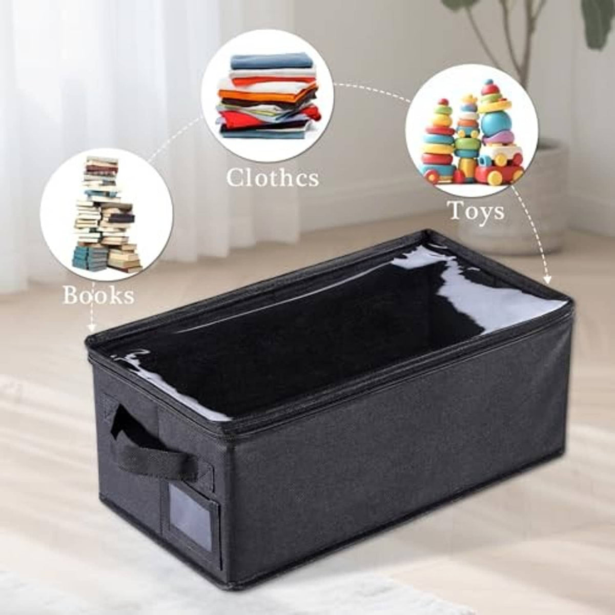 Black fabric storage organizer box with clear top window and open front label pocket