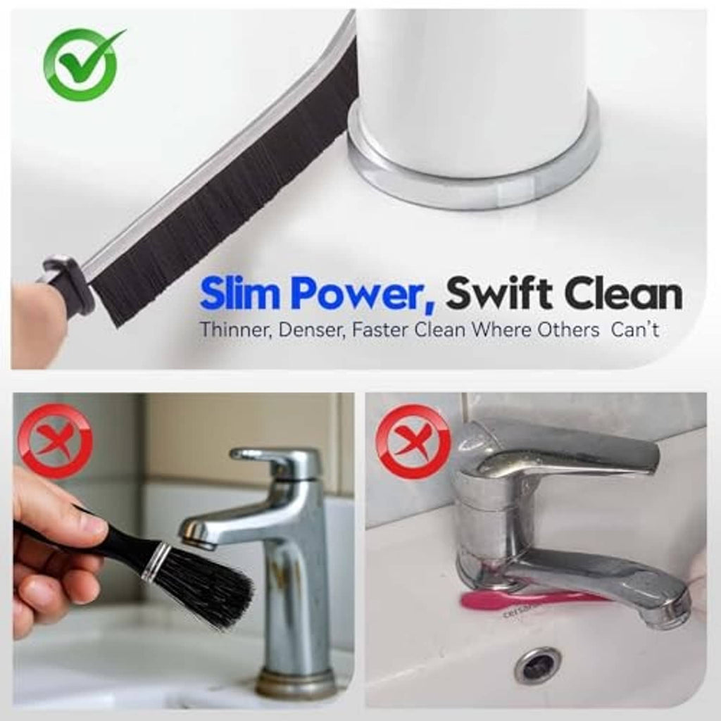 Slim power window track cleaning brush with dense black bristles and narrow curved head