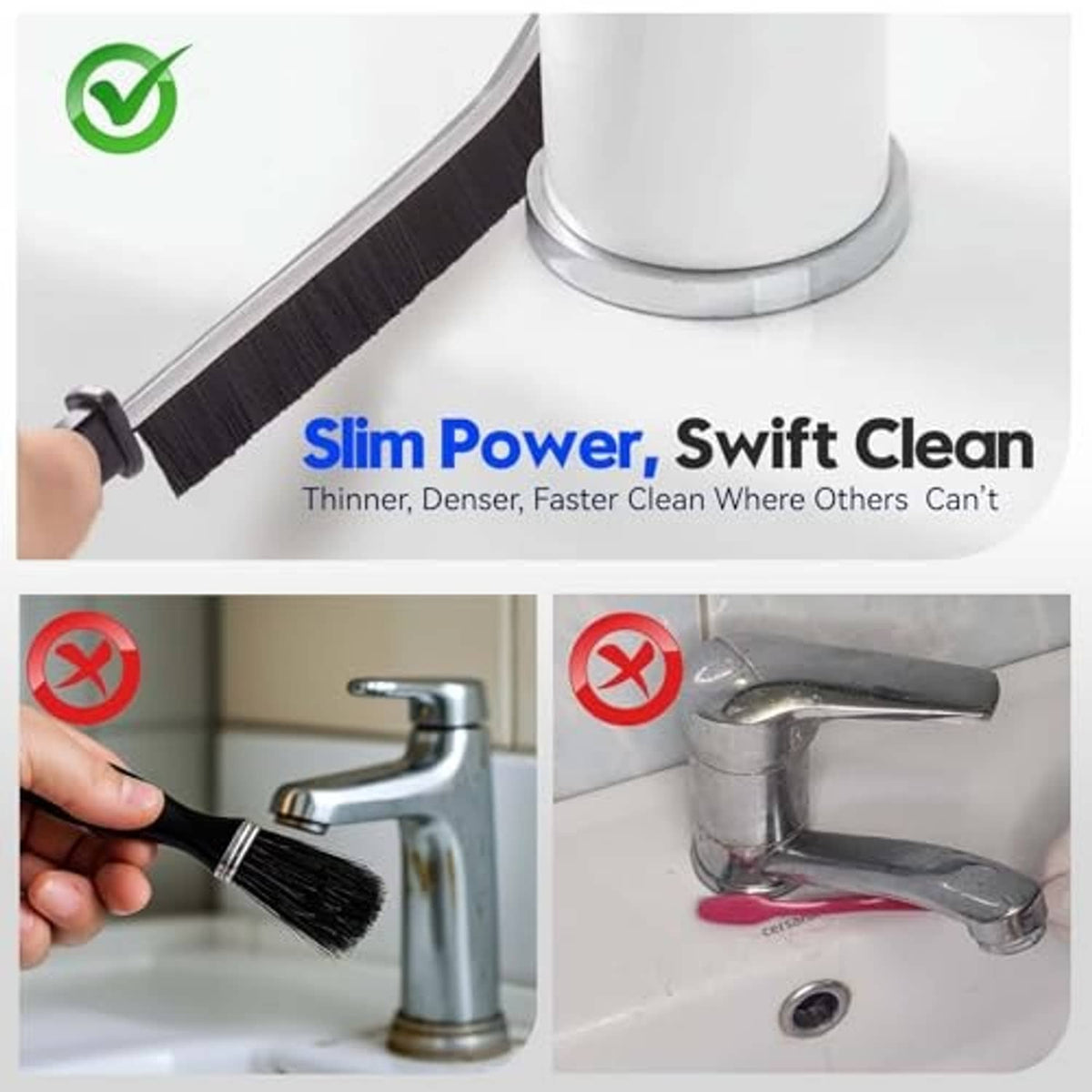 Slim power window track cleaning brush with dense black bristles and narrow curved head