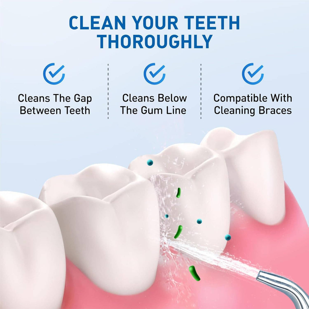 Water flosser replacement tip rinsing between teeth on a dental model