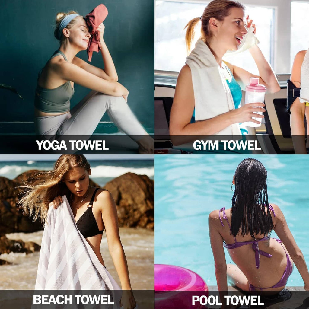 People using quick-dry towels at yoga, gym, beach, and pool settings