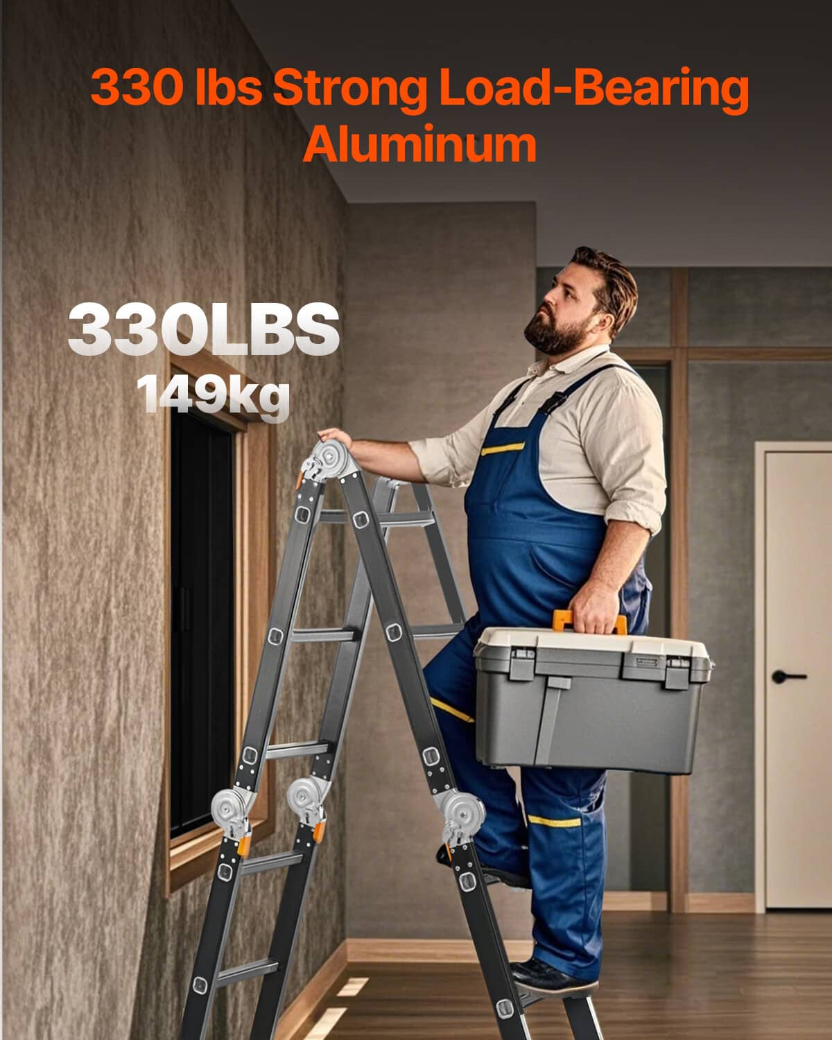 Folding multi-purpose ladder with safety hinges, gray aluminum frame