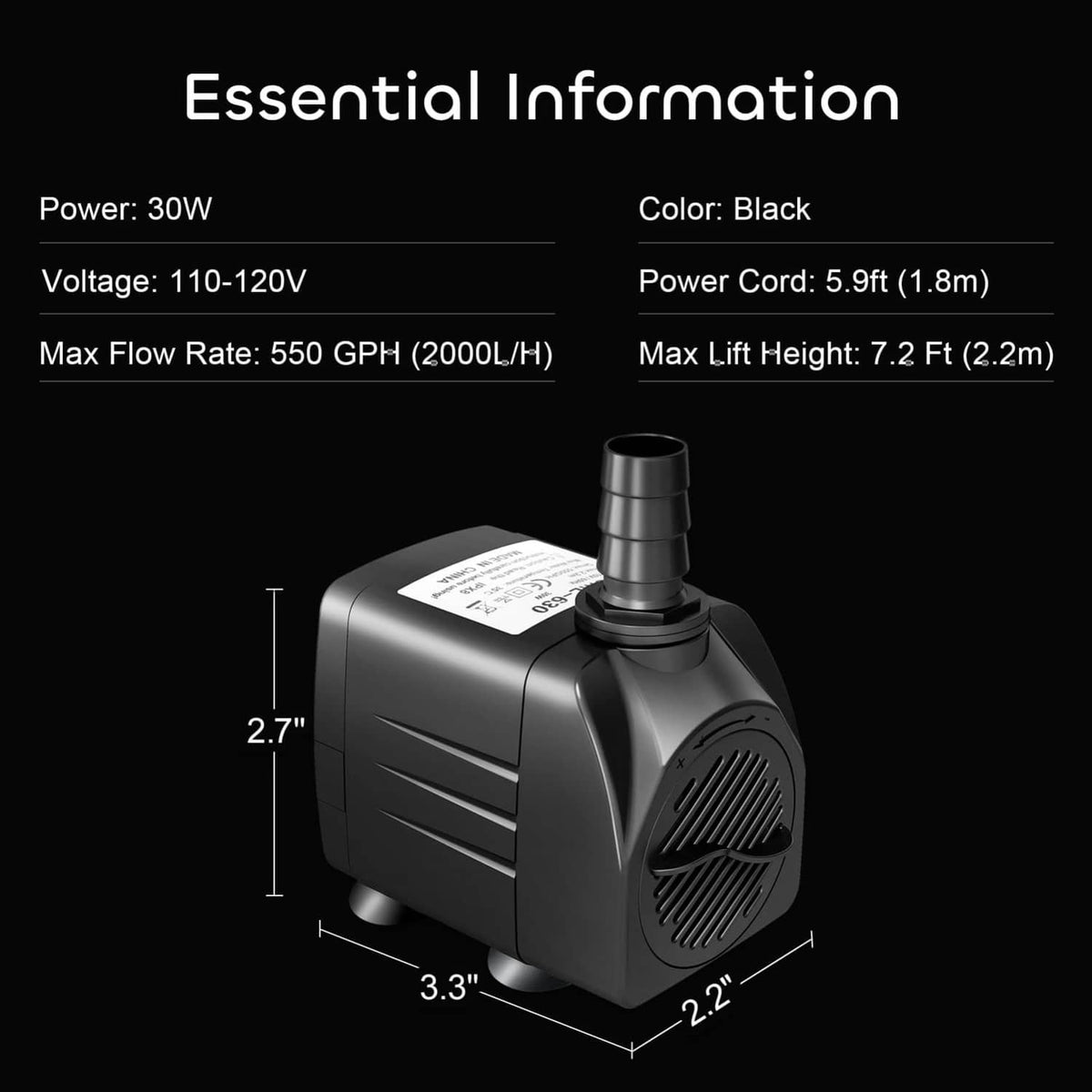 Black submersible water pump shown with size measurements and outlet nozzle