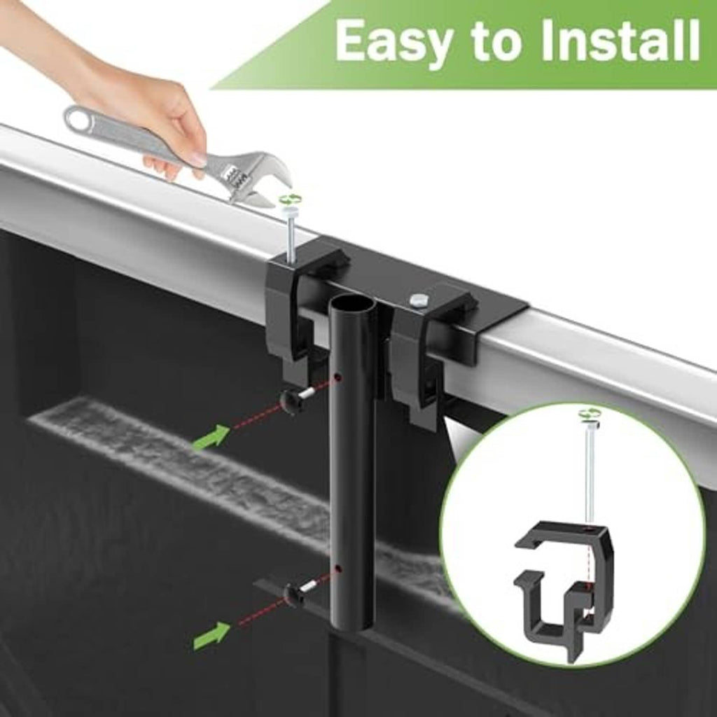 Flag pole mount holder with black brackets and base plates for pickup bed rail
