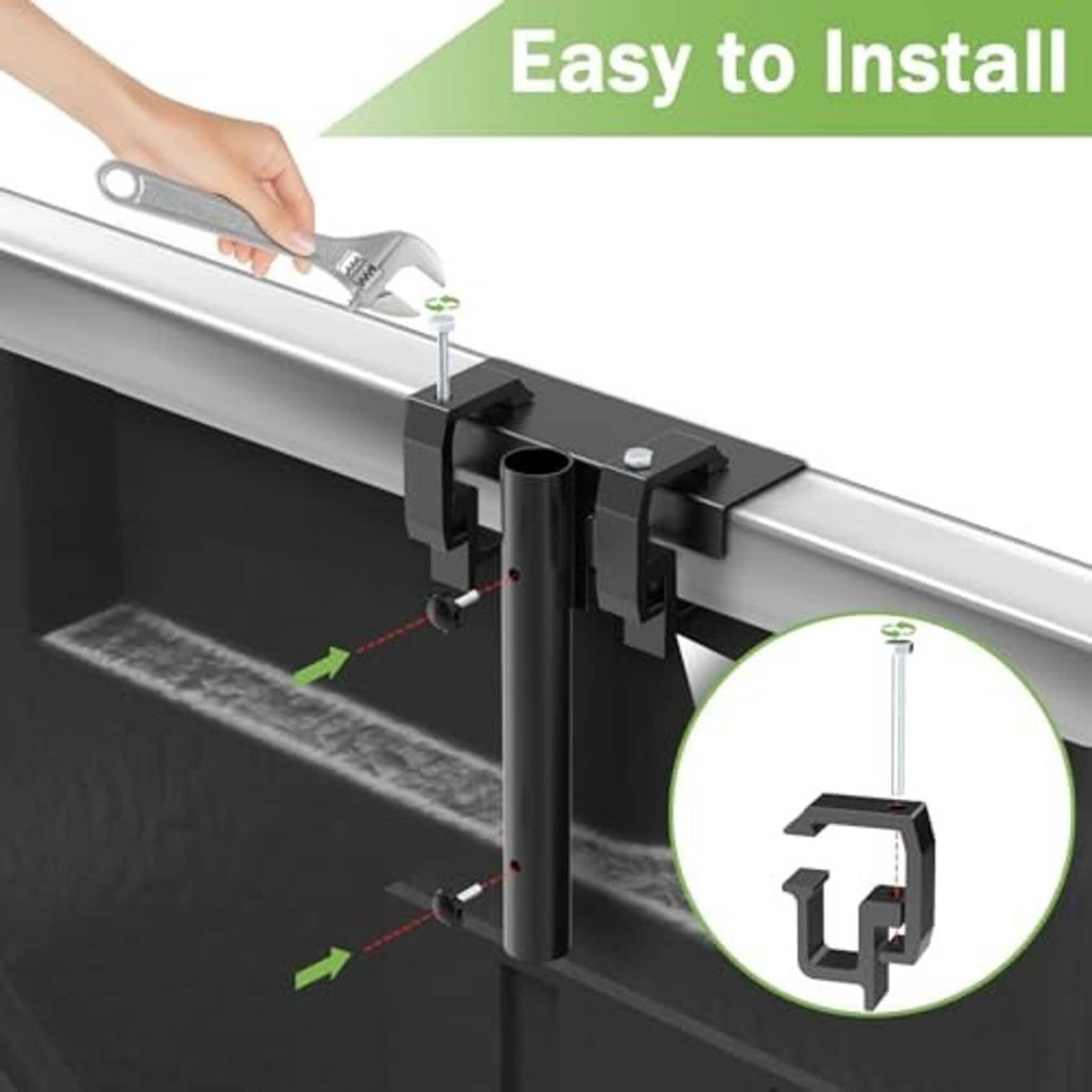 Flag pole mount holder with black brackets and base plates for pickup bed rail