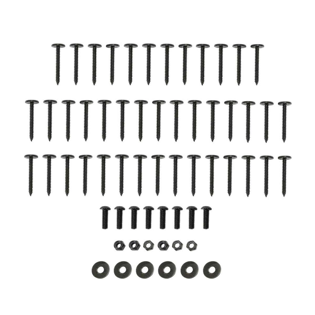 Mud flap mounting hardware set: black screws, bolts, washers, and spacers