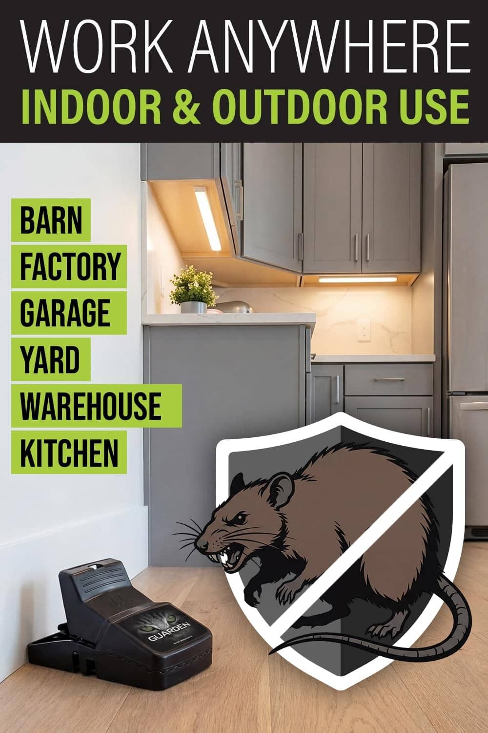 Black snap rat trap for indoor and outdoor use with rat bait graphic