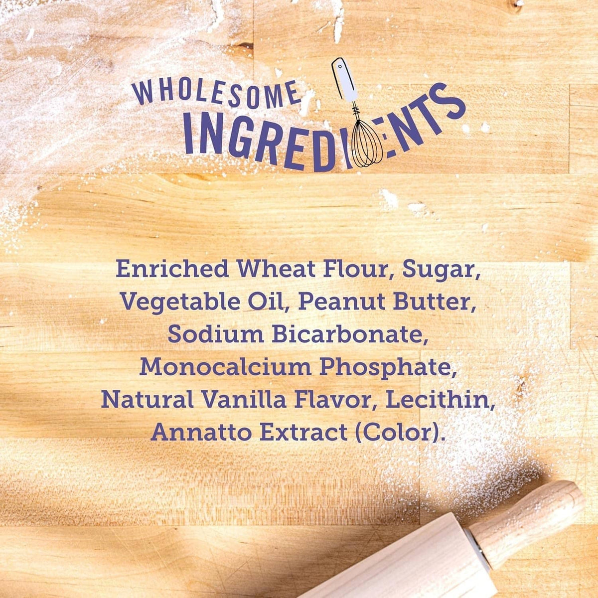 Wholesome ingredients list with enriched wheat flour, peanut butter, and natural vanilla
