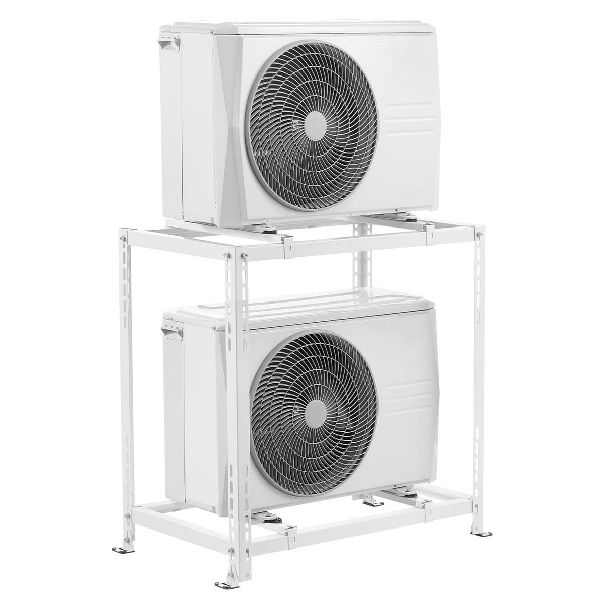 White dual-level mini split ground stand with two outdoor condenser units secured