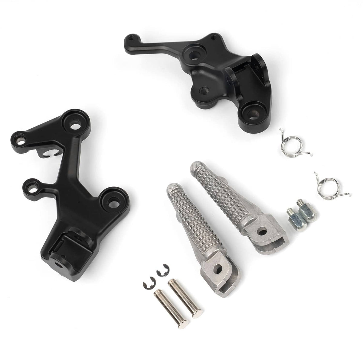Front foot peg brackets and textured silver pegs with springs, pins, and mounting bolts