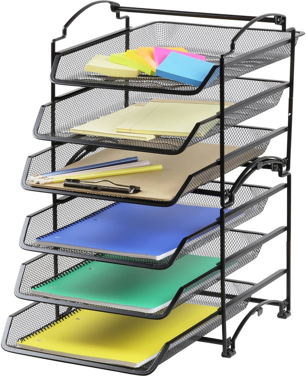 3-tier black mesh document organizer holding colorful note pads and papers