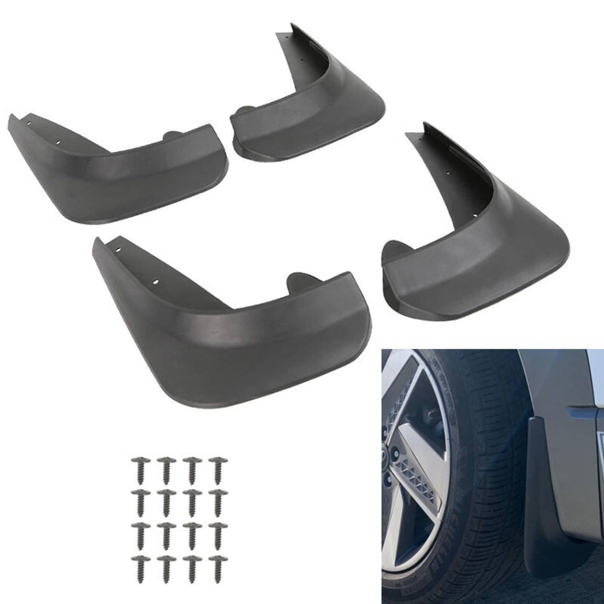 Mud flap set with splash guards and mounting screws; includes a fitment view