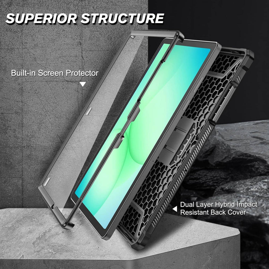 Rugged tablet case with built-in screen protector and textured impact-resistant back, dark gray