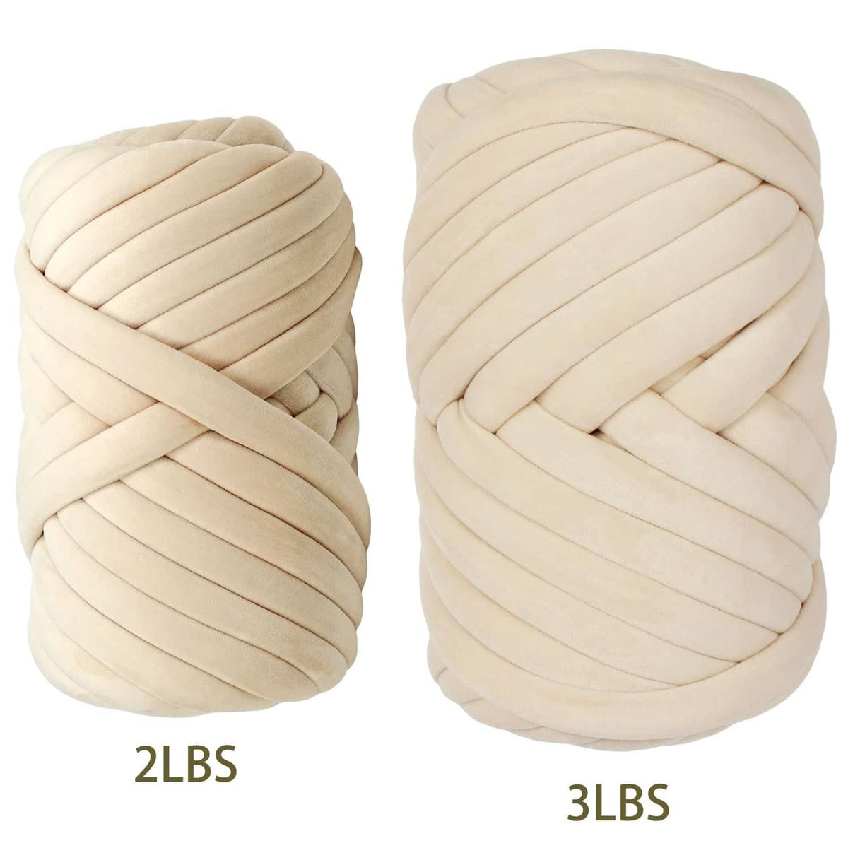 Beige chunky yarn rolls, 2 lb and 3 lb, with braided texture.
