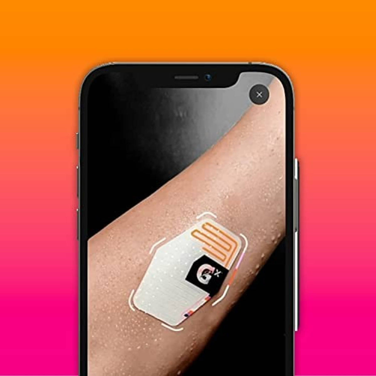 Smartphone showing sweat patch icon on a sweating arm with skin droplets.