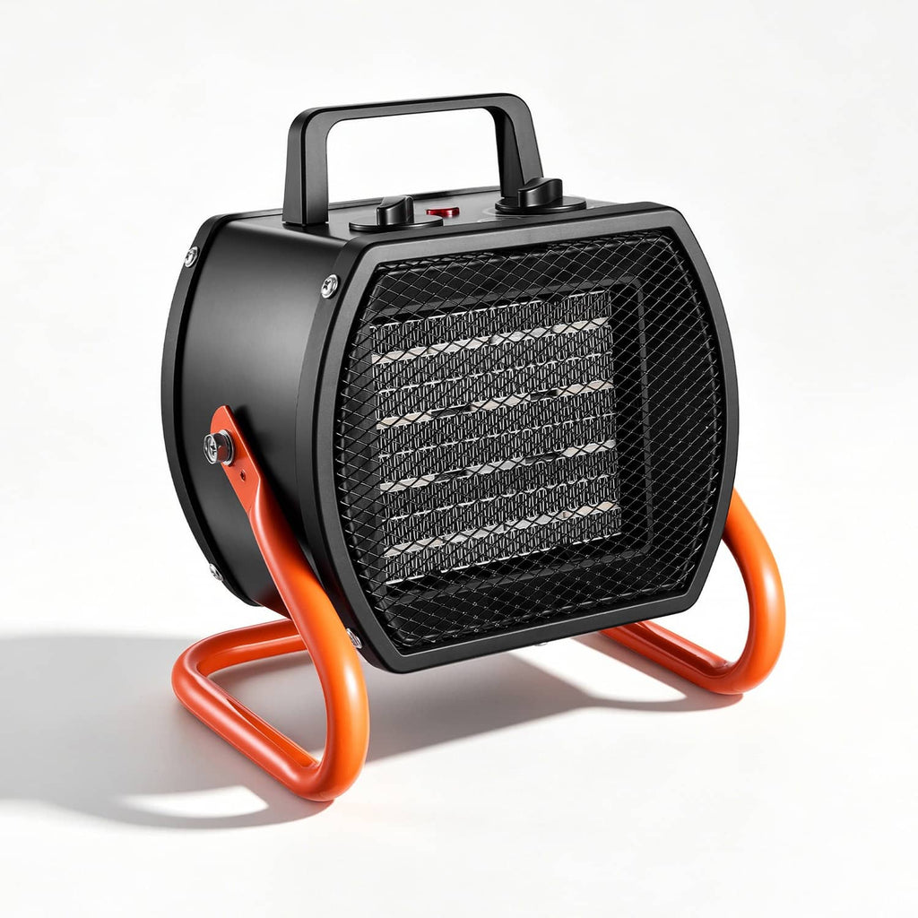 Electric greenhouse heater front view with black mesh grill and orange support frame