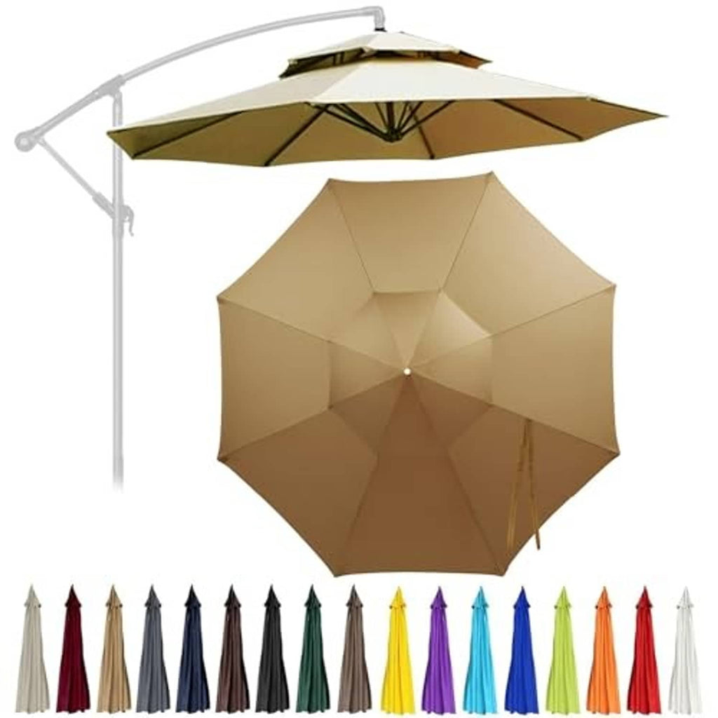 Khaki double-top round patio umbrella replacement canopy, angled view