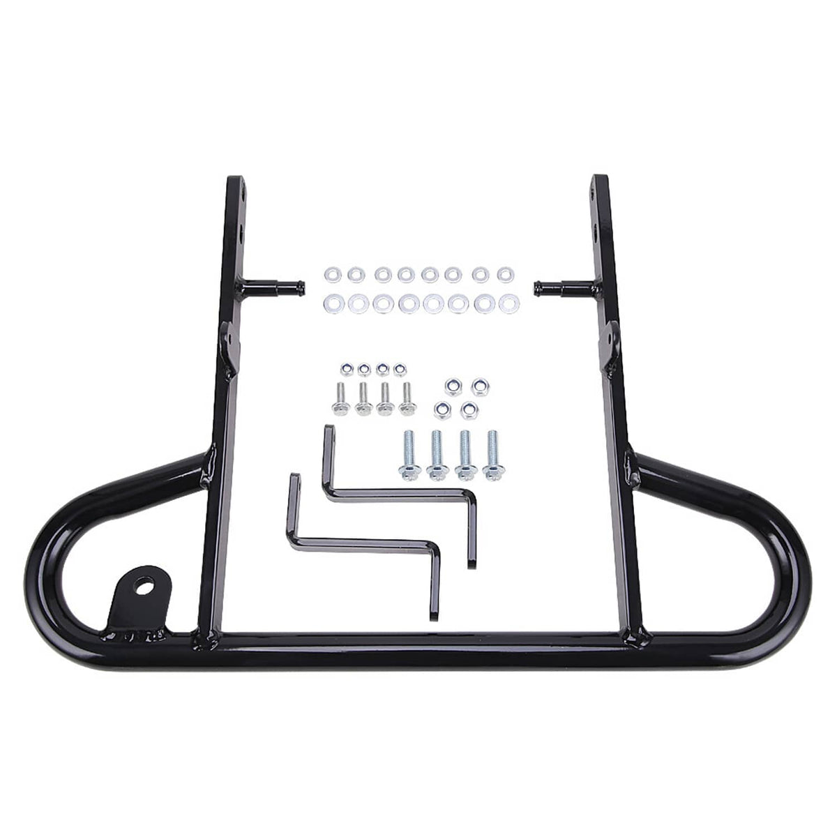 Black aluminum rear bumper with two upright plates, U-guard, and included bolts