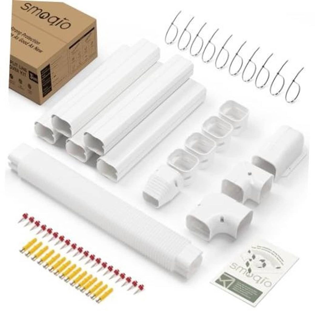 Mini split line set cover kit with white straight duct pieces, connectors, and screws