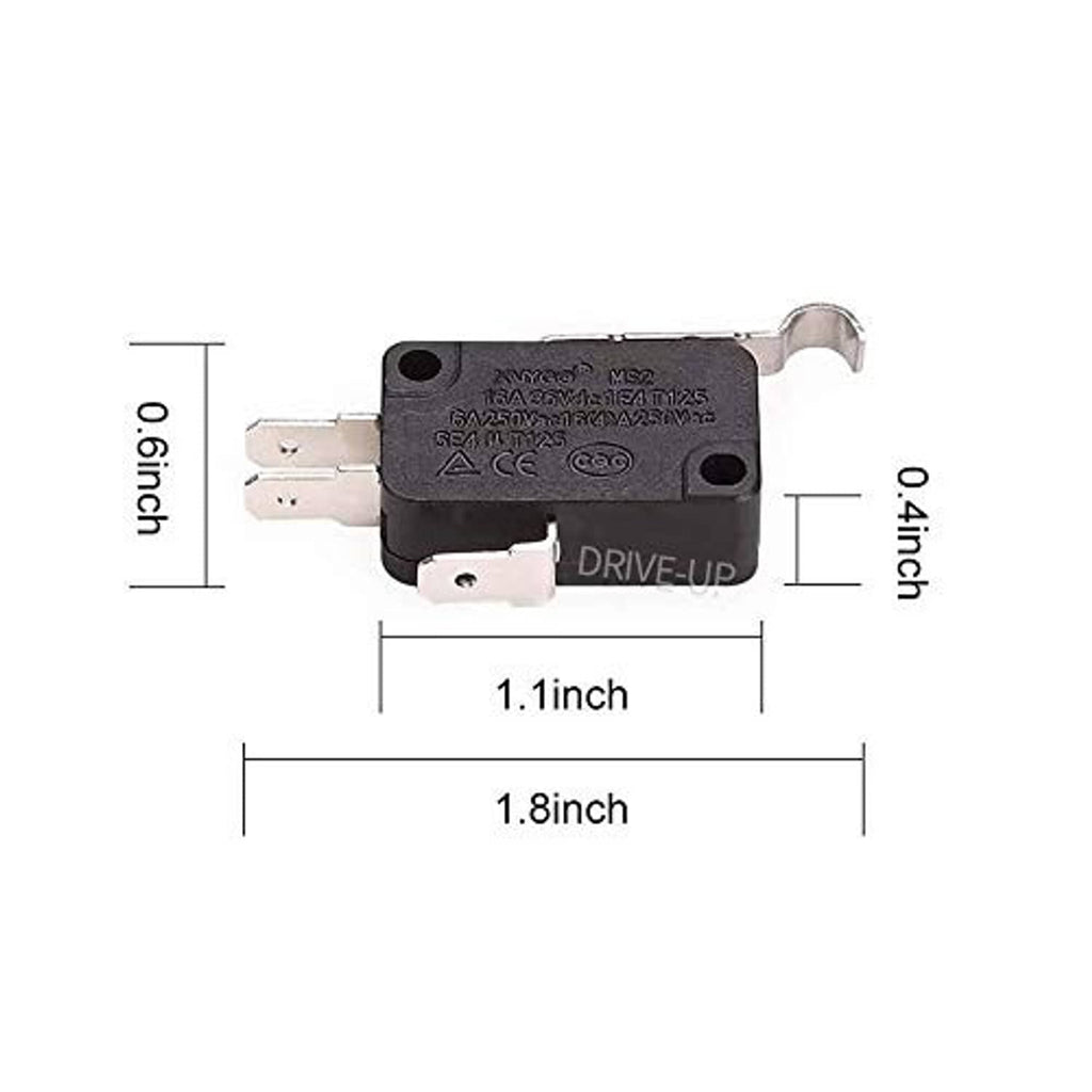 Black micro switch with lever and multiple metal prongs, shown with dimensions