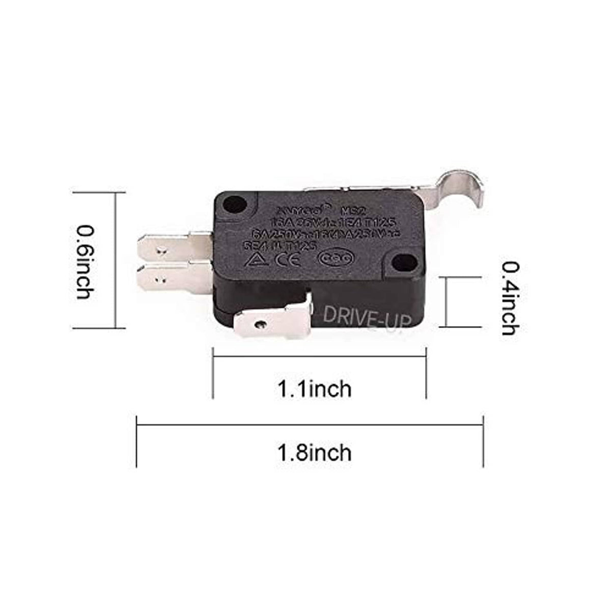 Black micro switch with lever and multiple metal prongs, shown with dimensions