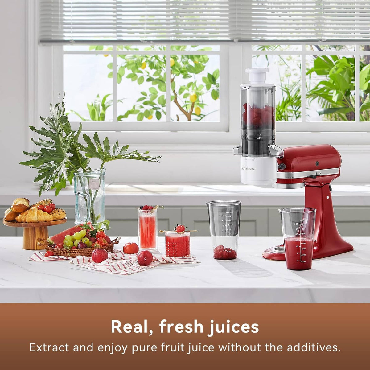 KITCHTREE masticating juicer with large feed chute and white cup set, red and gray