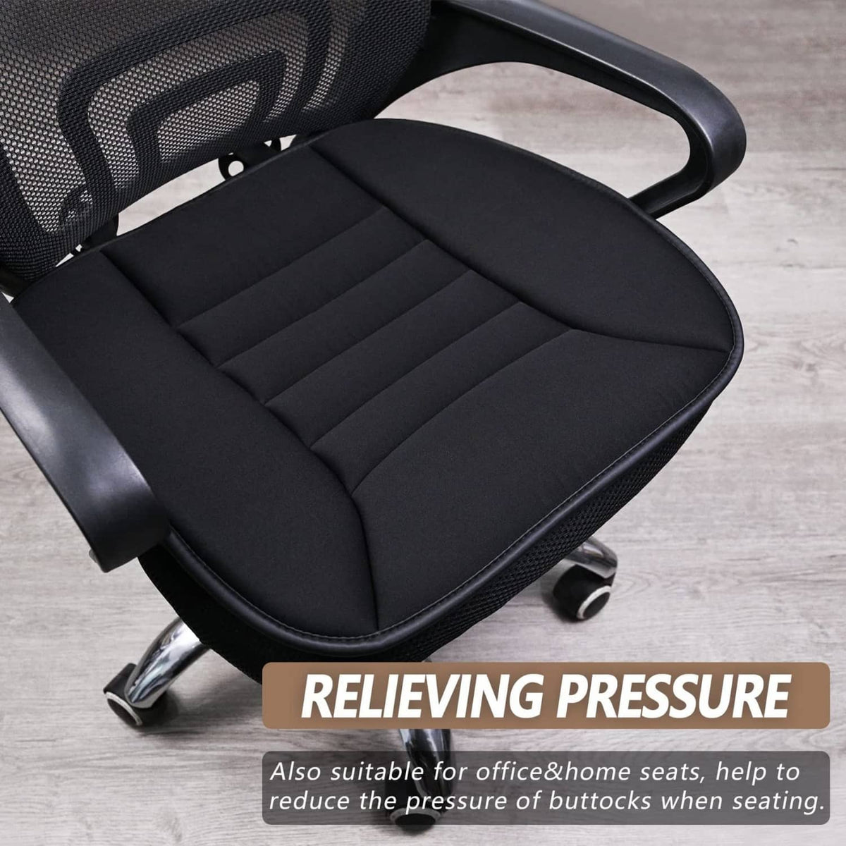 Black memory foam seat cushion with quilted channels on a rolling office chair