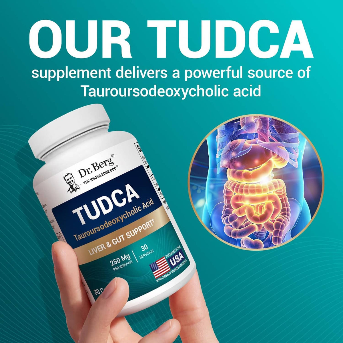 Dr. Berg TUDCA supplement bottle held in hand, 250 mg, 30 capsules