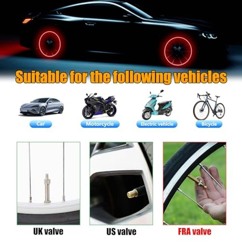 Red LED tire valve stem caps lighting up for car, motorcycle, electric vehicle, or bicycle