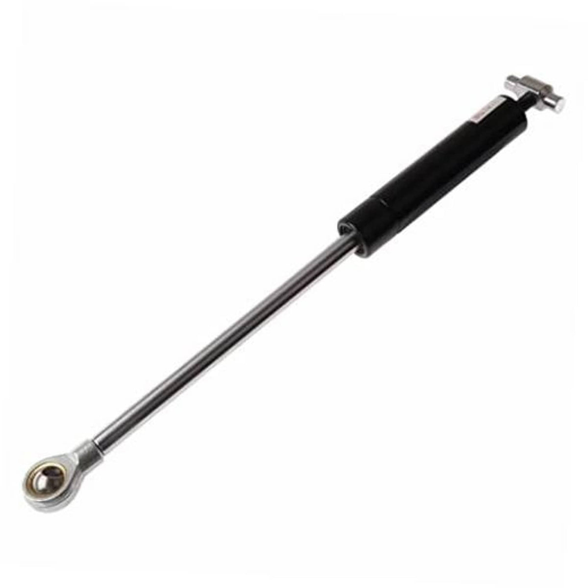 Gas spring strut with black body, long metal rod, and clevis attachment ends