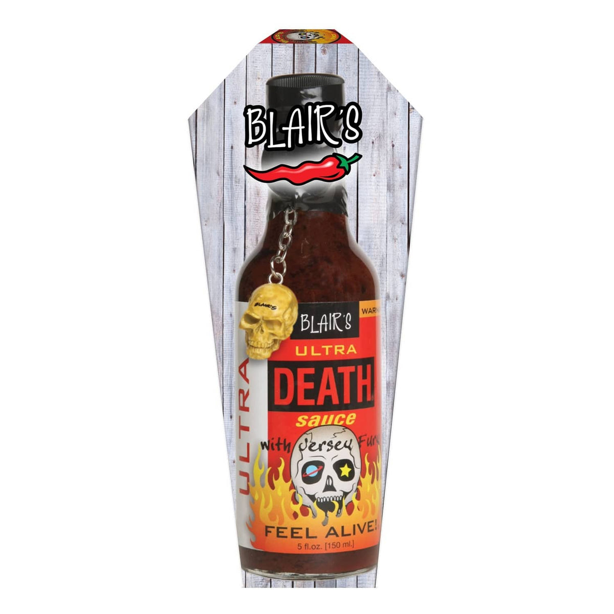 Blair's Ultra Death hot sauce bottle with skull charm and dark brown sauce