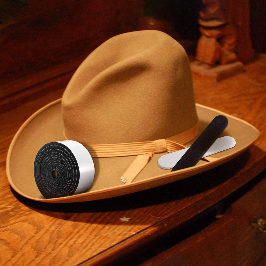 Hat size reducer foam insert on wide-brim hat, black adhesive strip