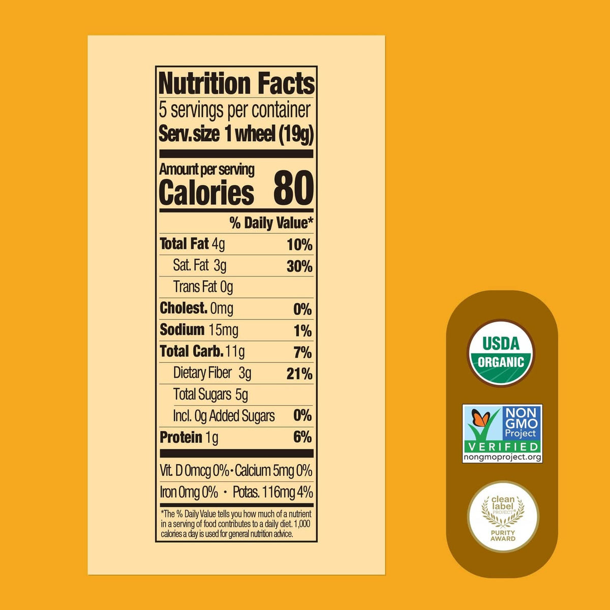 Nutrition facts panel for organic toddler banana soft baked bars, 1 wheel serving.