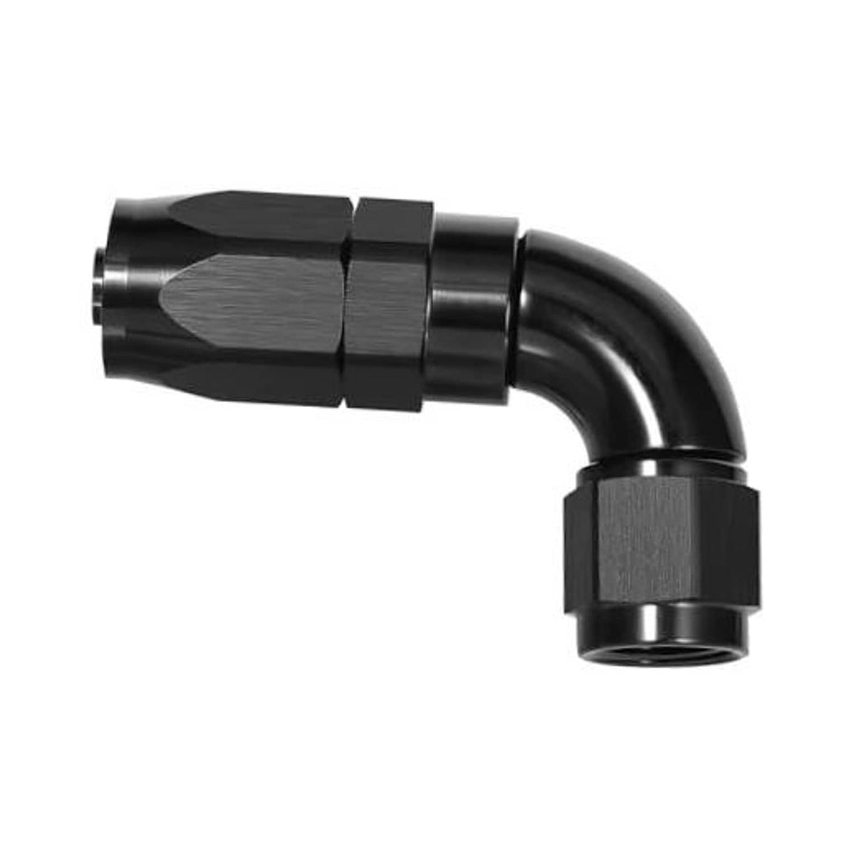 Black 90-degree swivel AN hose end fitting with threaded port and curved elbow