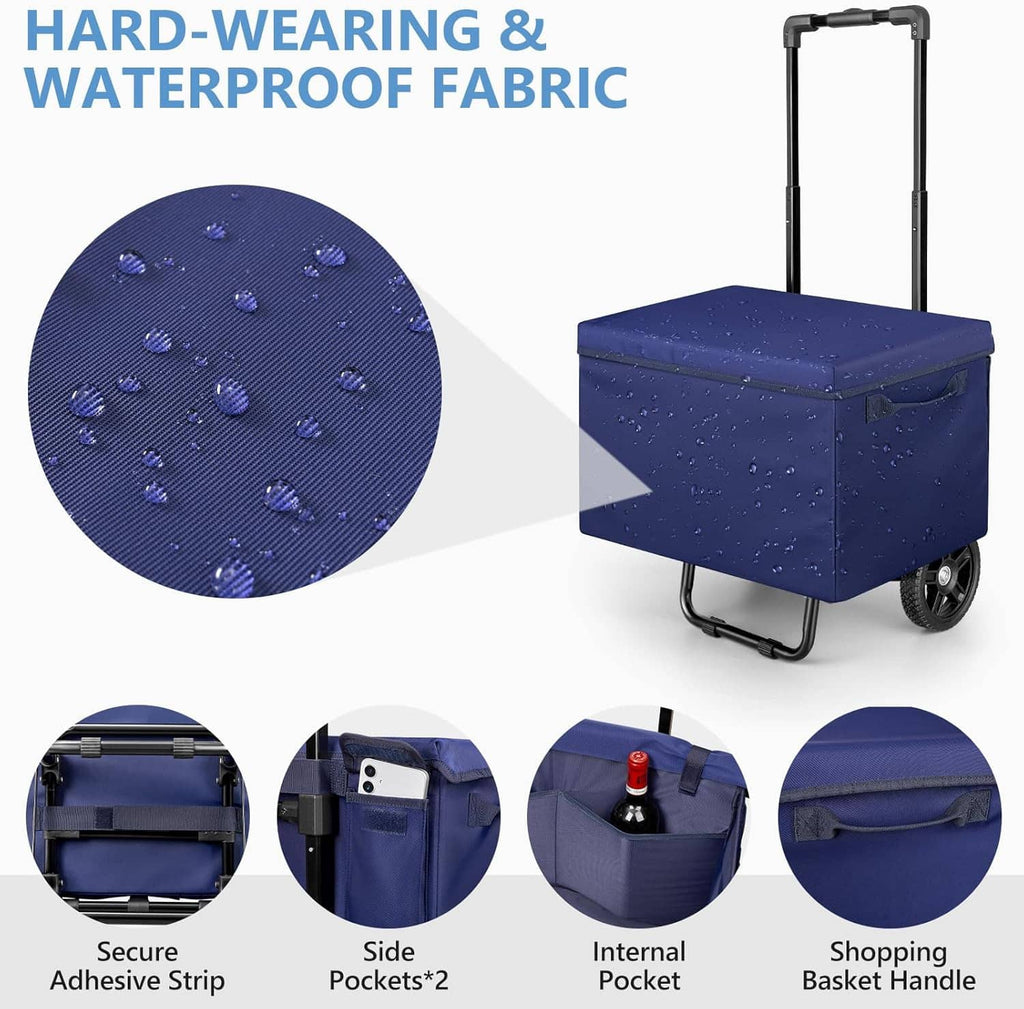 Blue waterproof shopping cart fabric with water droplets, handle and four wheels