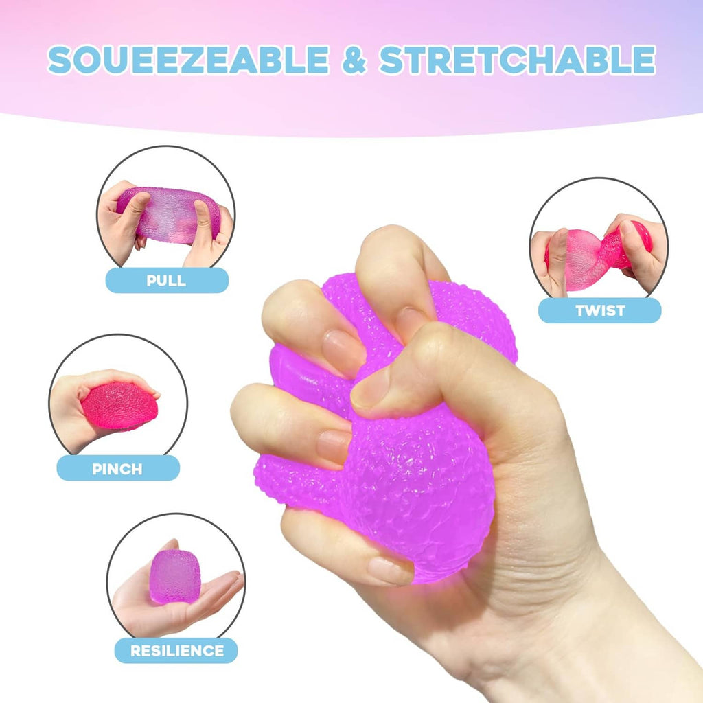 Purple textured foam squishy stress ball held in hand, squishable and stretchable