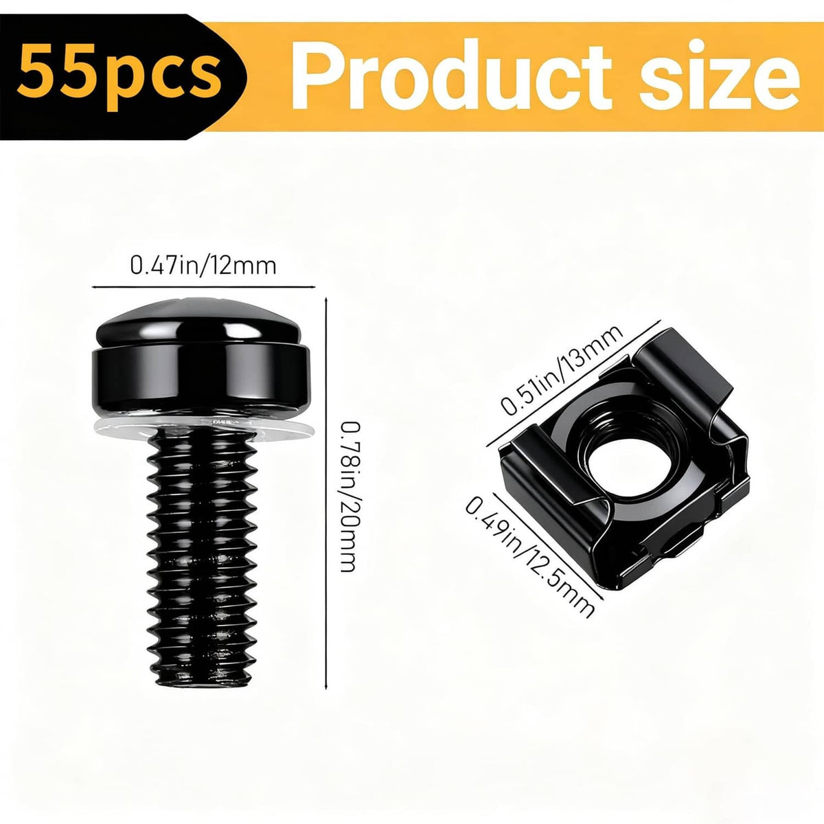 Black M6x20mm rack screw and cage nut with size diagram
