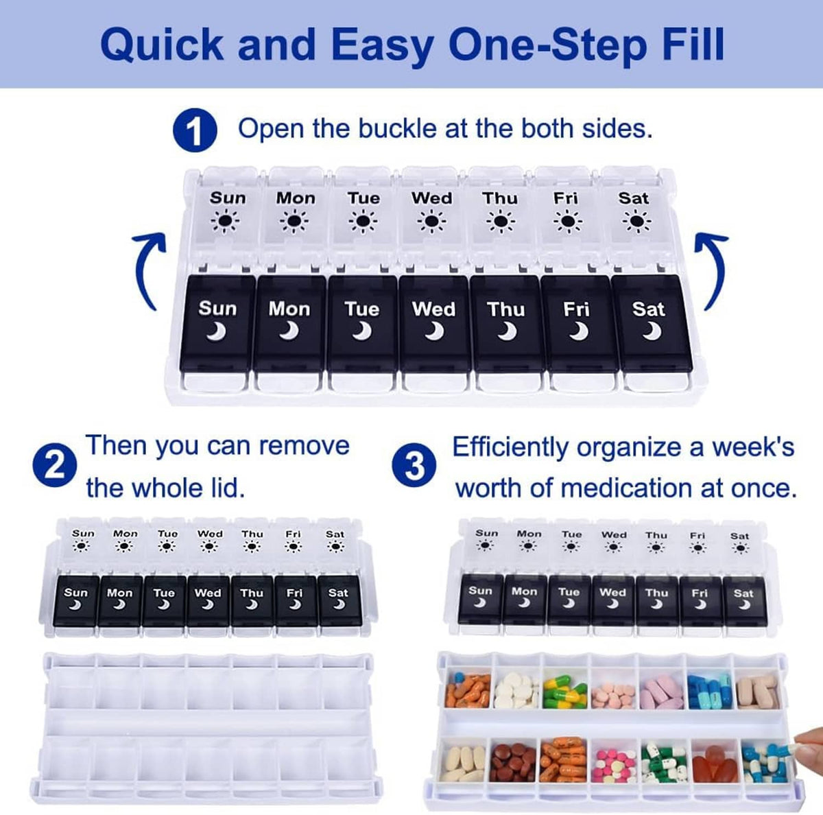 Weekly pill organizer with open lid showing Sun-Sat day slots for easy one-step filling