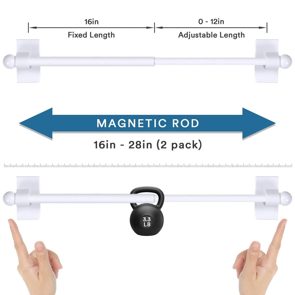 White magnetic curtain rod with end caps, fixed length; 2-pack for metal doors