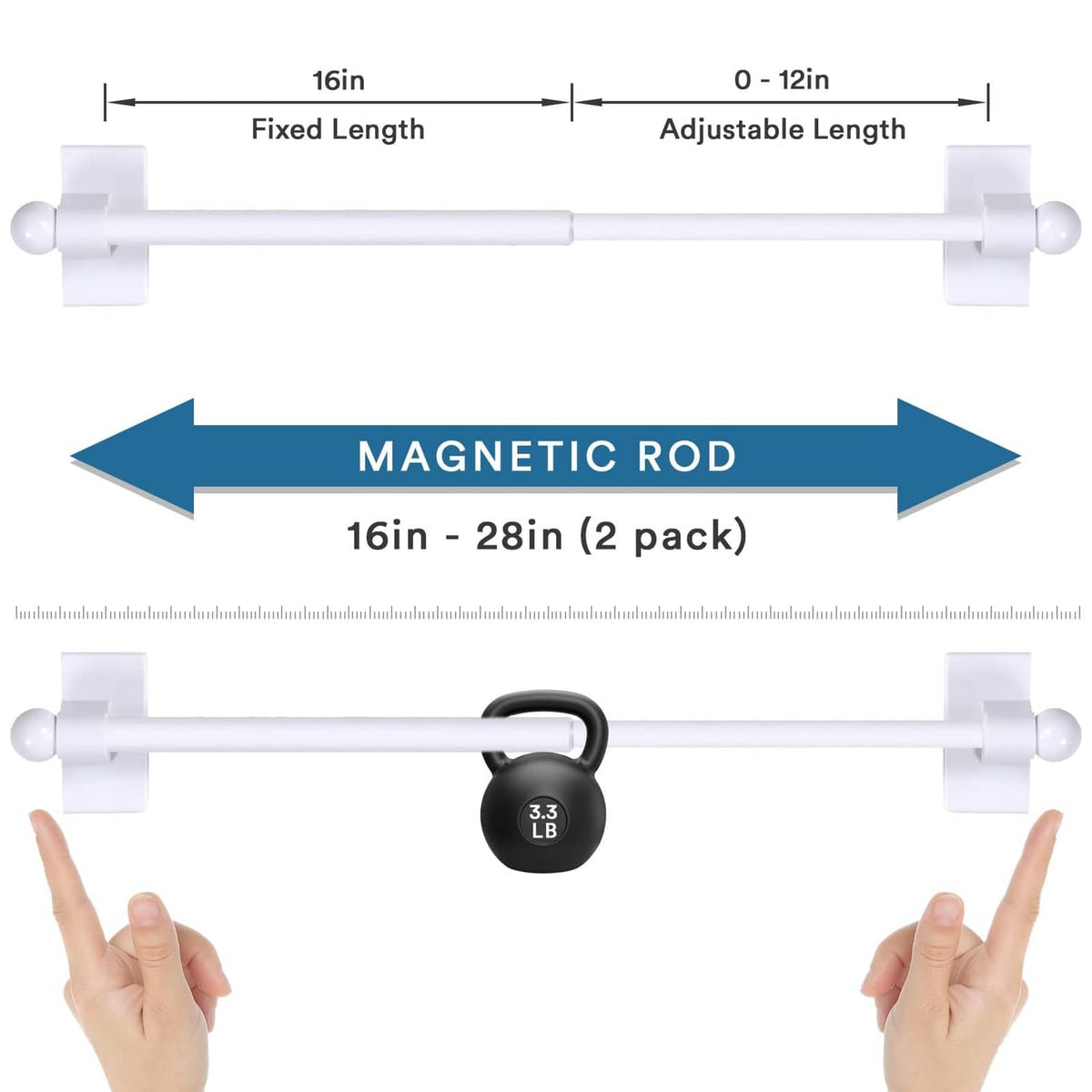 White magnetic curtain rod with end caps, fixed length; 2-pack for metal doors