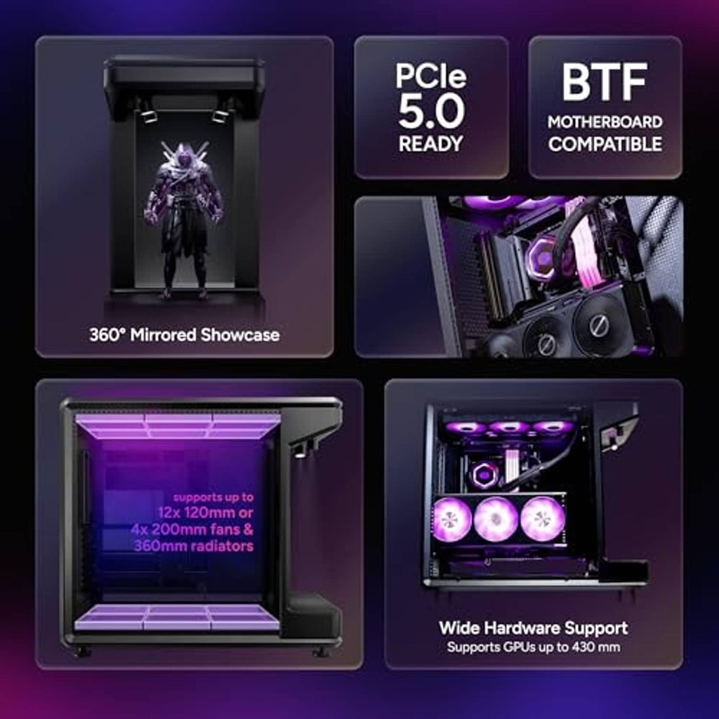 Black mirrored PC case showcase with open front window and RGB cooling component area