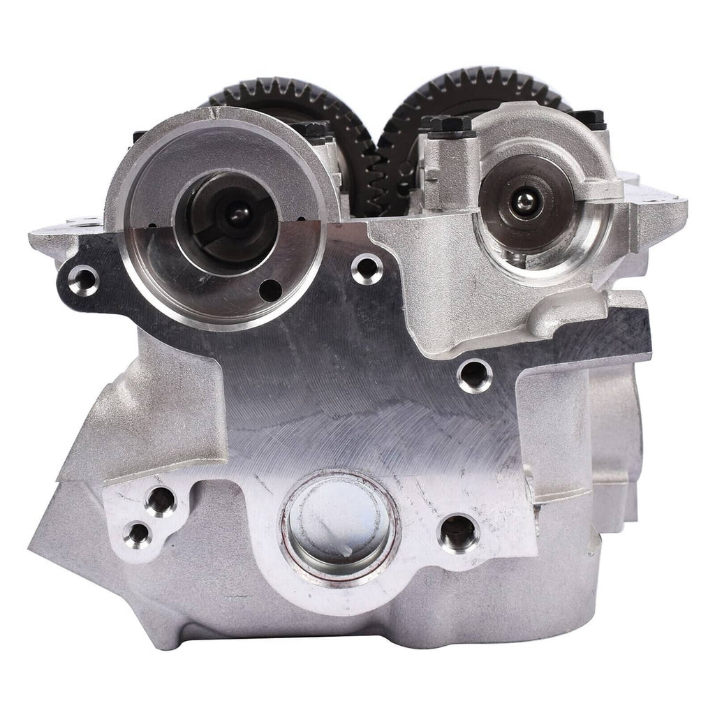 Engine cylinder head with twin round cam openings and timing gears, silver finish