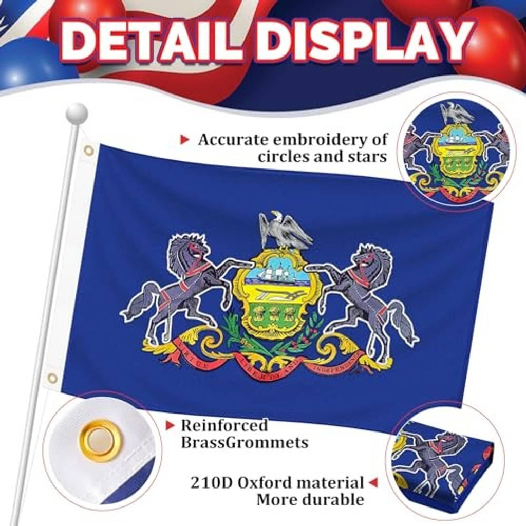 Blue outdoor embroidered flag with Pennsylvania coat of arms, horses, and brass grommets